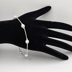 Silvertone Bracelet Faux Pearl Adjustable Classic Dainty Minimalist Capsule Twee
